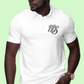 Man wearing a white polo shirt with a logo on a gray background