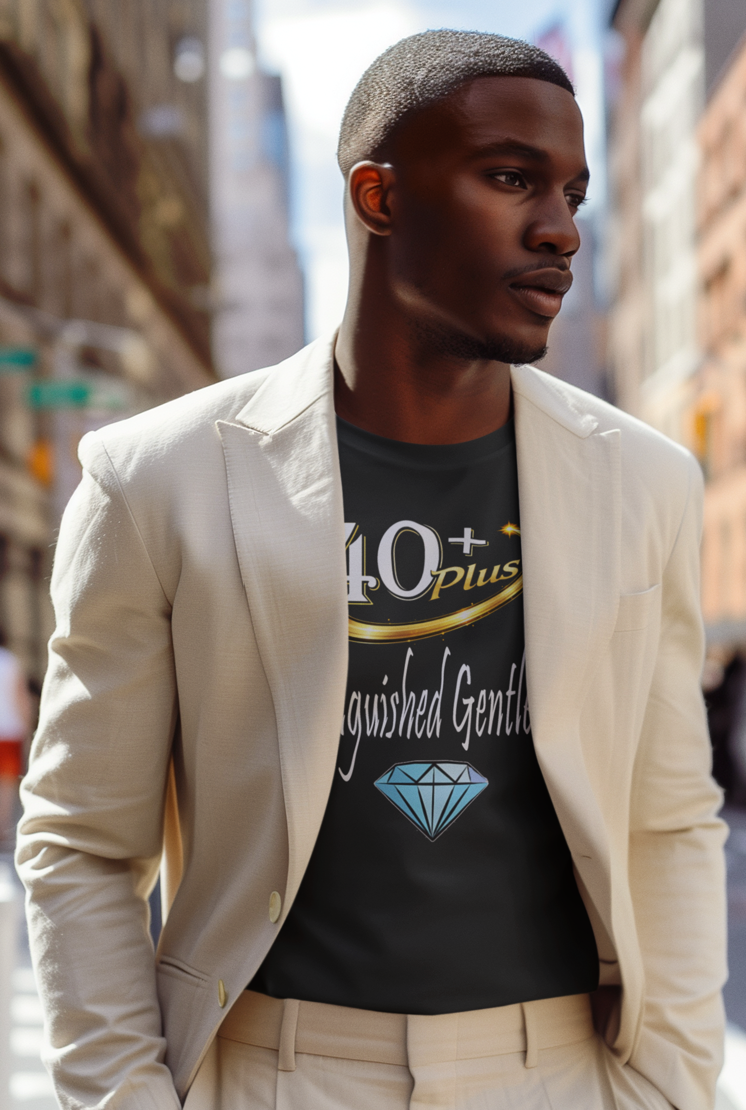 Man wearing a beige blazer over a black graphic t-shirt on a city street.