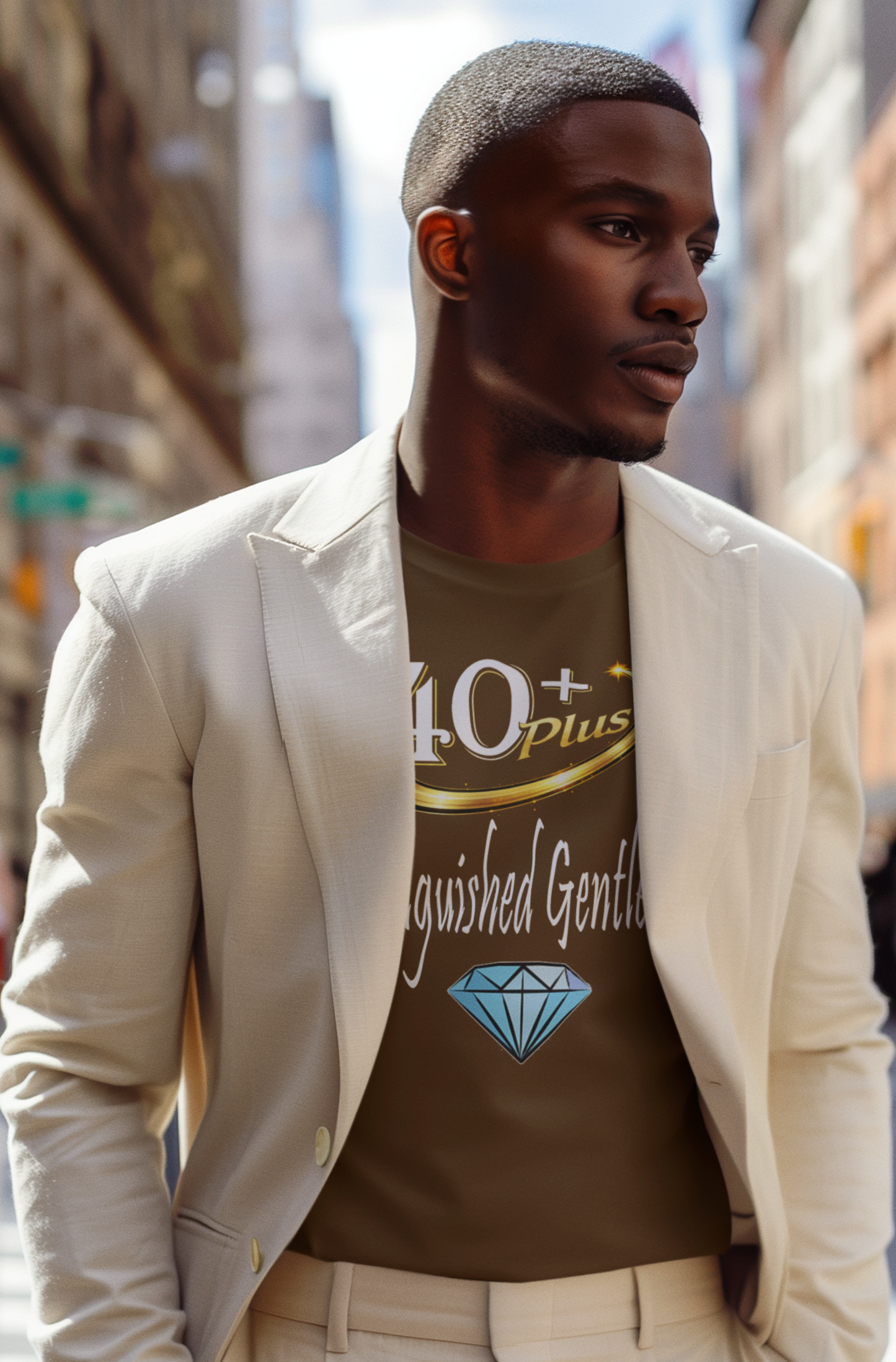 Man wearing a beige blazer over a graphic t-shirt on a city street