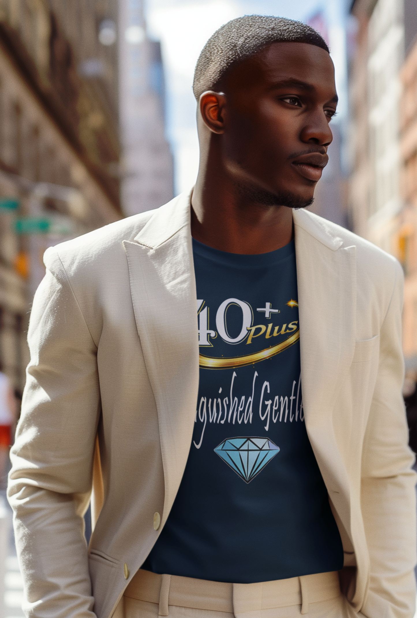 Man wearing a beige blazer over a graphic t-shirt on a city street