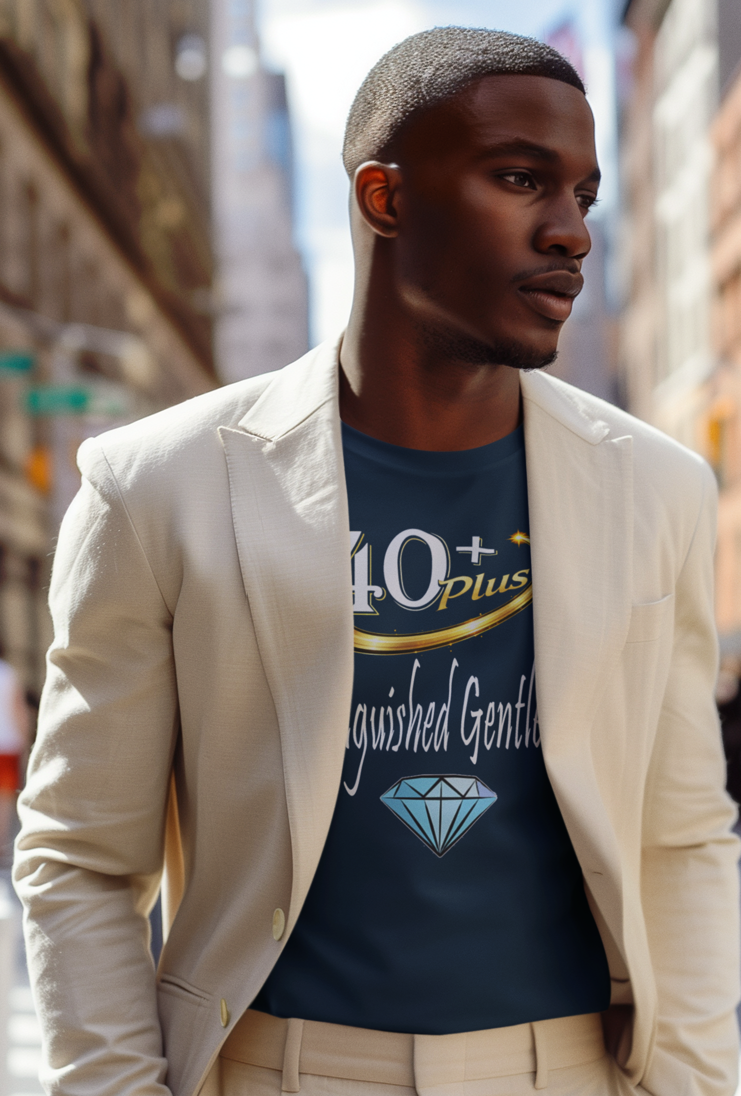 Man wearing a beige blazer over a graphic t-shirt on a city street