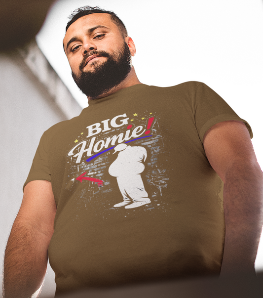 Man wearing a brown t-shirt with 'BIG Homie!' graphic design.