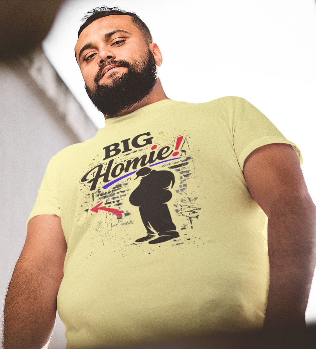 Man wearing a yellow t-shirt with 'BIG Homie!' graphic design.