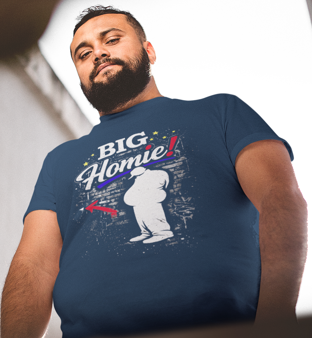 Man wearing a navy blue t-shirt with 'BIG Homie!' graphic design.