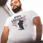 Man wearing a white t-shirt with colorful graphics and text.