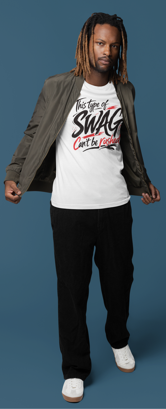 Man wearing a white t-shirt with text and a jacket on a blue background