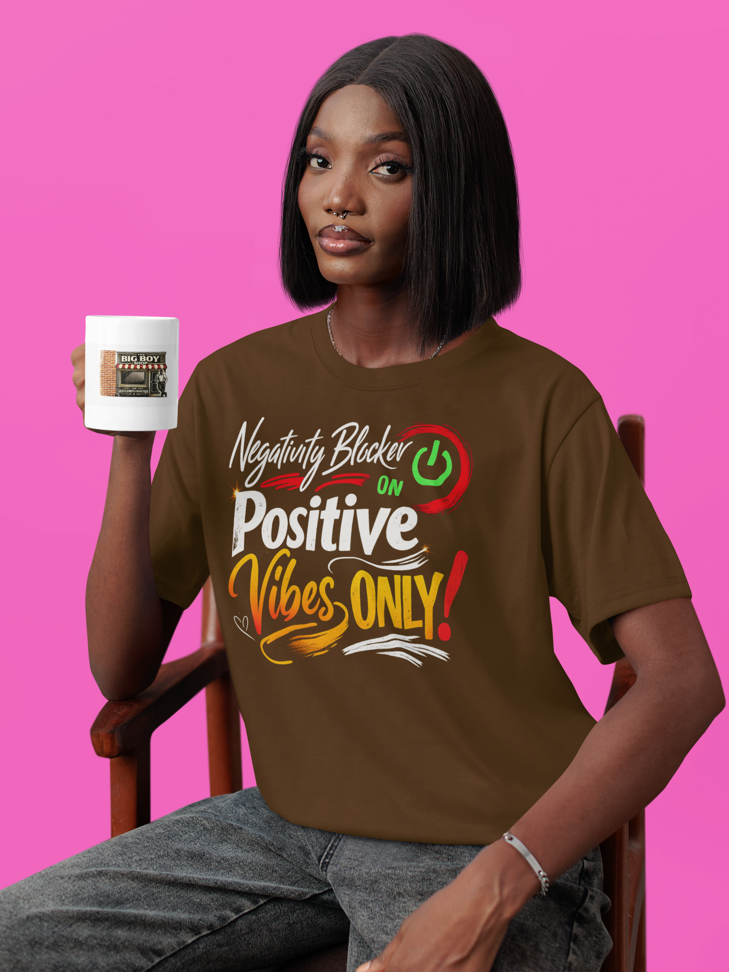 Person wearing a brown t-shirt with a motivational quote, holding a mug against a pink background