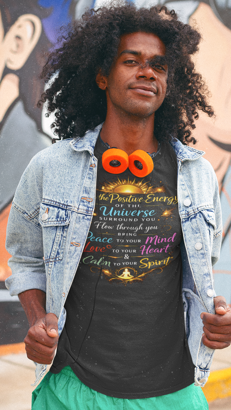 Person wearing a black t-shirt with colorful graphics and text, standing in front of a mural.